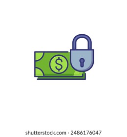 Locked money line icon. Padlock and stack of dollar banknotes. Financial protection concept. Can be used for topics like banking, saving, insurance