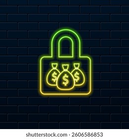 Locked Money Security Tool. neon style. Financial security icon. neon. Security lock, dollar, money.