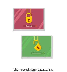 Locked and opened laptop, login security concept vector flat cartoon illustration isolated on white background
