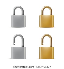 Locked and opened padlocks realistic vector illustrations set. Golden and silver old fashioned mechanical locks isolated on white background. Privacy protection, access security 3D symbols