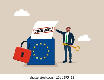 Locked with padlock box European Union. Confidential document. Secret security key for privacy protection. Modern flat vector illustration 