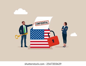 Locked with padlock box USA. Confidential document. Secret security key for privacy protection. Modern flat vector illustration 