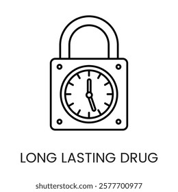 A locked padlock with a clock icon in vector, representing secure and long lasting drug protection, with an editable stroke.