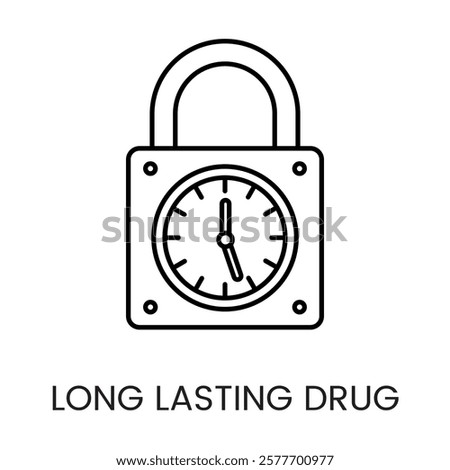 A locked padlock with a clock icon in vector, representing secure and long lasting drug protection, with an editable stroke.