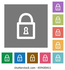 Locked padlock flat icon set on color square background.