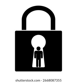 Gesperrtes Vorhängeschloss mit menschlicher Figur in Schlüsselloch-Vektorgrafik. Im Inneren des Schlosses, eine menschliche Figur Silhouette.