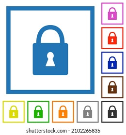 Locked padlock with keyhole flat color icons in square frames on white background