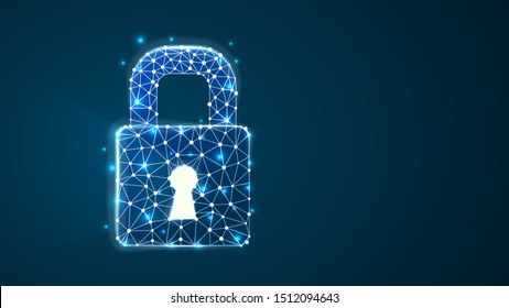 Locked padlock with long light shadow from the keyhole. Vector illustration consisting of points, lines, and shapes in the form of planets, stars, and the universe. Data security concept