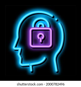 Locked Padlock In Man Silhouette Mind neon light sign vector. Glowing bright icon transparent symbol illustration