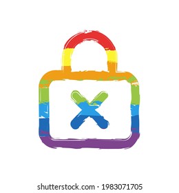 Locked padlock, private information, simple icon. Drawing sign with LGBT style, seven colors of rainbow (red, orange, yellow, green, blue, indigo, violet