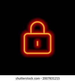 Locked padlock, private information, simple icon. Orange neon style on black background. Light linear icon with editable stroke