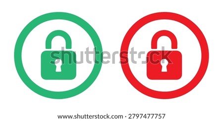 locked padlock signs, green safety icon, red security warning, circular button design, encryption symbols.