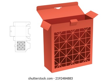 Locked point box with stenciled geometric pattern die cut template and 3D mockup