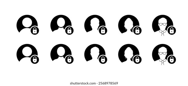 Locked profile set icons. Silhouette style. Vector icons.