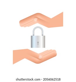 Locked realistic padlock in hands. Security Concept. Metal Lock For Safety And Privacy.