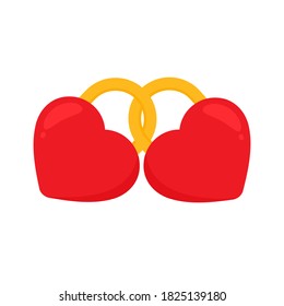 Locked red hearts.Padlocks in the shape of heart, isolated on white background. Concept permanency, forever love. Cartoon flat design. Vector illustration.