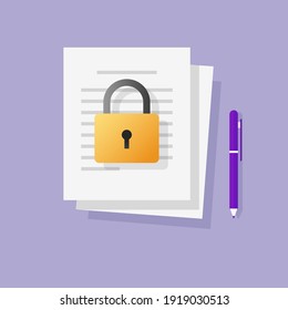 Locked restricted access to information text file or document vector concept flat cartoon, protected data or nda disclosure info, privacy or confidential paper sheet icon  