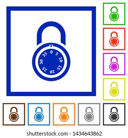 Locked round combination lock flat color icons in square frames on white background