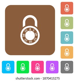 Locked round combination lock flat icons on rounded square vivid color backgrounds.