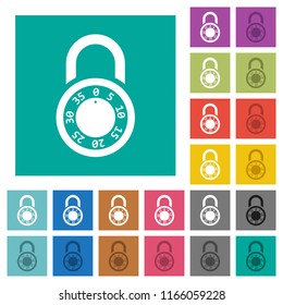 Locked round combination lock multi colored flat icons on plain square backgrounds. Included white and darker icon variations for hover or active effects.