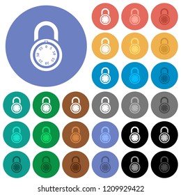 Locked round combination lock multi colored flat icons on round backgrounds. Included white, light and dark icon variations for hover and active status effects, and bonus shades.