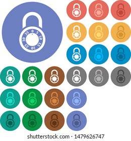 Locked round combination lock multi colored flat icons on round backgrounds. Included white, light and dark icon variations for hover and active status effects, and bonus shades.