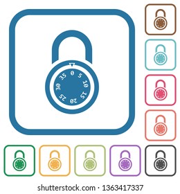 Locked round combination lock simple icons in color rounded square frames on white background