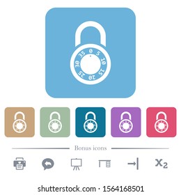 Locked round combination lock white flat icons on color rounded square backgrounds. 6 bonus icons included