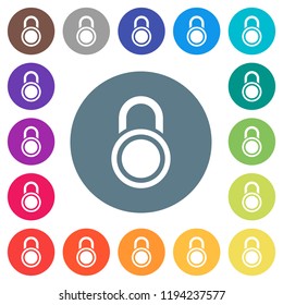 Locked round padlock flat white icons on round color backgrounds. 17 background color variations are included.