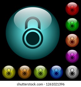 Locked round padlock icons in color illuminated spherical glass buttons on black background. Can be used to black or dark templates