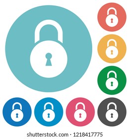 Locked round padlock with keyhole flat white icons on round color backgrounds
