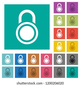 Locked round padlock multi colored flat icons on plain square backgrounds. Included white and darker icon variations for hover or active effects.