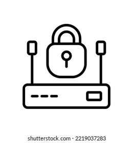 Locked router line icon. Network, wifi sign, lan, local, protection, defense, modem, anthenna, security, cloud storage, connection, Technology concept. Vector black line icon