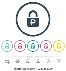 Locked Rubles flat color icons in round outlines. 6 bonus icons included.