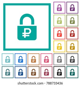 Locked Rubles flat color icons with quadrant frames on white background