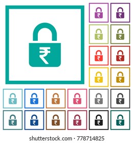 Locked rupees flat color icons with quadrant frames on white background