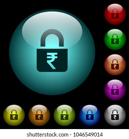 Locked rupees icons in color illuminated spherical glass buttons on black background. Can be used to black or dark templates