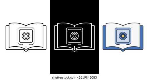 Locked safe book icon representing hidden knowledge, secure information, and confidential stories, in outline, color, and dark mode styles.