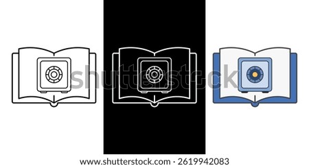 Locked safe book icon representing hidden knowledge, secure information, and confidential stories, in outline, color, and dark mode styles.