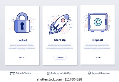 Locked safe and start up rocket symbols. Modern styled banners for business topic. Easy to edit vector icons and place for your text.