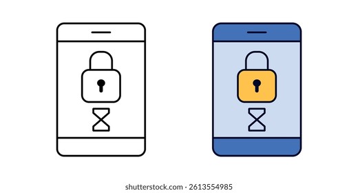 Locked screen with timer icon – smartphone with padlock and hourglass in colored and outline styles.