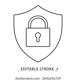 Locked shield icon in minimal linear style with editable stroke. Padlock inside security shield representing privacy, cyber protection, internet security, network safety, data encryption