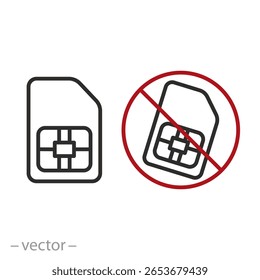 ícone de cartão sim bloqueado, definir, desbloquear cartão sim, sem cartão sim, conexão bloqueada, símbolo de linha fina no fundo branco - ilustração vetorial de traçado editável eps10