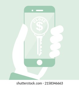 locked smartphone in hand, schematically with private key on display