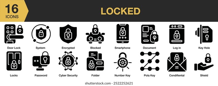 Locked solid icon set. Includes encrypted, folder, key hole, locks, login, and More. Solid icons vector collection.