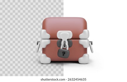 Locked Treasure Chest Icon With Padlock And Metal Hinges, Ideal For Security, Storage, Finance, And Game Design UI Elements. Stylized Glossy 3D Object. Vector Illustration.