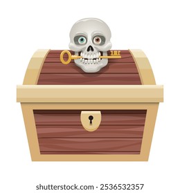 Locked treasures. Chest box and skull with key in teeth isolated vector illustration