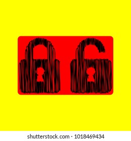 Locked und unlocked icon,. Vector. Black scribble icon in red container with rounded corners at yellow background. Isolated.