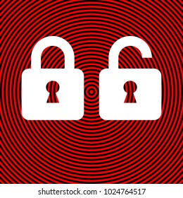 Locked und unlocked icon,. Vector. White icon on red and black radial pattern as background. Isolated.