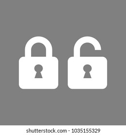 Locked und unlocked icon,. Vector. White icon on medium gray background. Isolated.